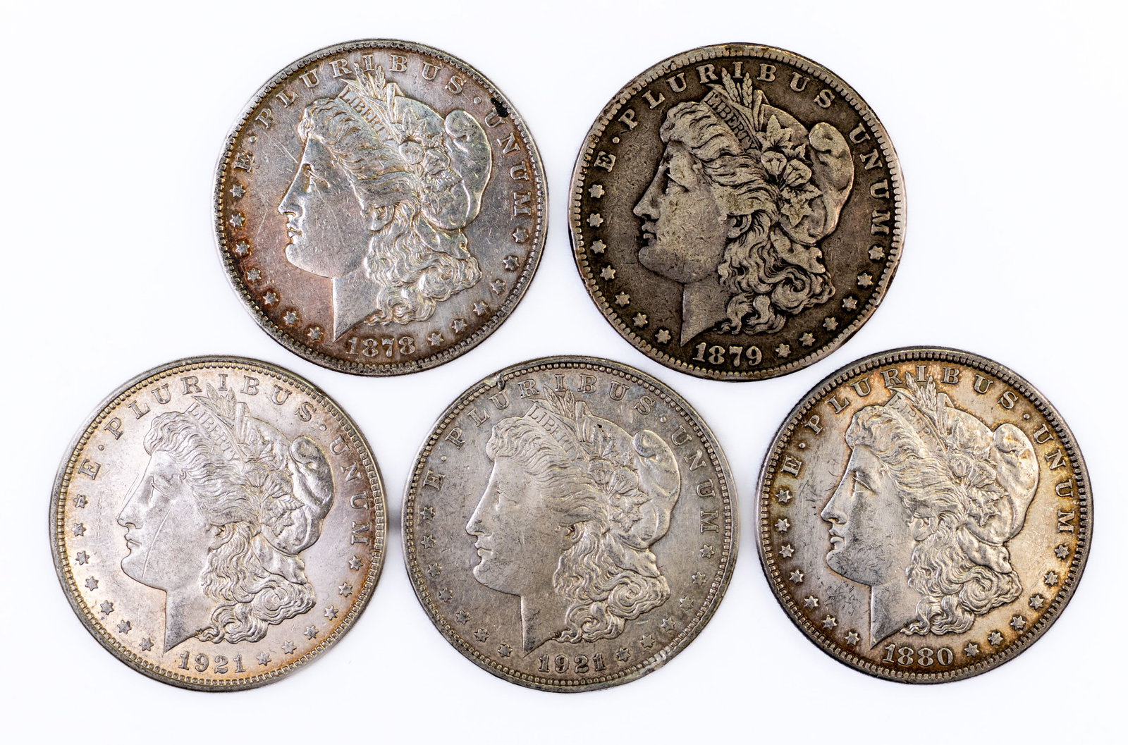 Five (5) Morgan Silver Dollars. Mixed dates (1 of 2)