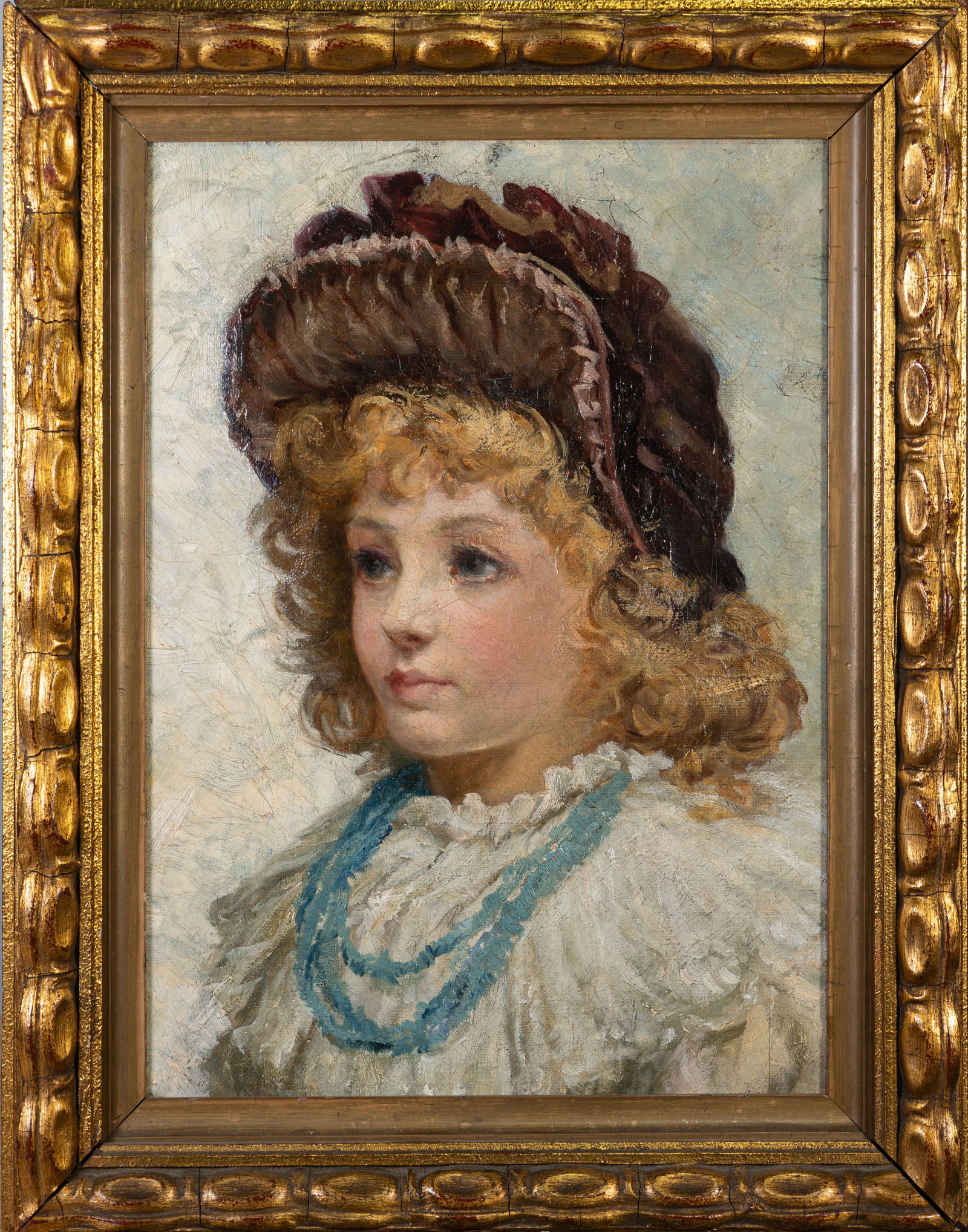 19th Century Oil Painting Study of a Young Girl: 19th C British School charming study of a young girl wearing a bonnet Medium: Oil on Canvas Subject: Portrait of a Young Girl Signed: No signature found Canvas size: 14 in. high by 10 in.wide Frame: 1