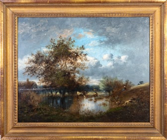 Jules Dupre (French, 1811-1899) Oil on Board, Water Landscape with Cows and Figure