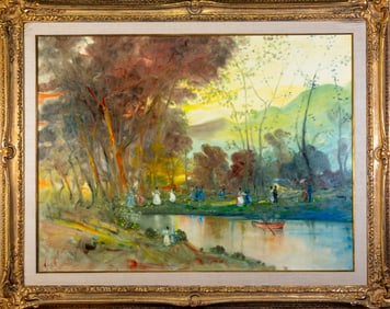Stefano Sideris (Greek, 1921-2014) Oil on Canvas, Landscape with Pond and Figures