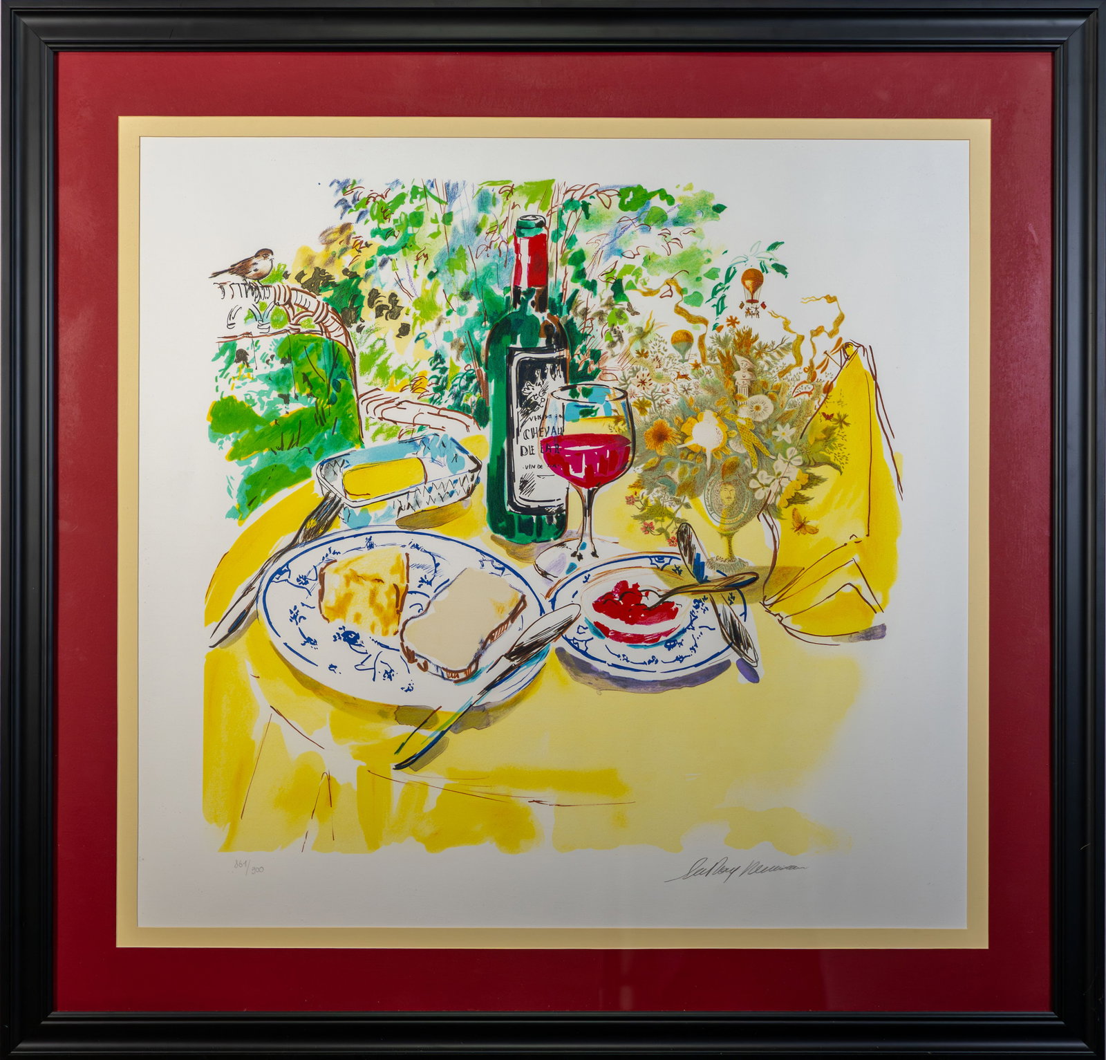 Leroy Neiman (American, 1921-2012) Serigraph on Paper, "Sun Drenched Table": Artist:Leroy Neiman (American, 1921-2012) MediumSerigraph on Paper Title:Sun Drenched Table Subject:Table set with wine, cheese and flowers Signed:l/r in pencil "Leroy Neiman" Edition: 861