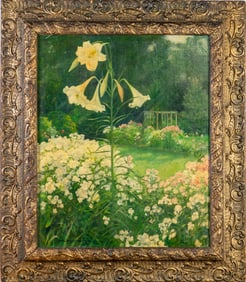 Corwin Knapp Linson (American, 1864-1934) Oil on Canvas, Garden Landscape with Lillies