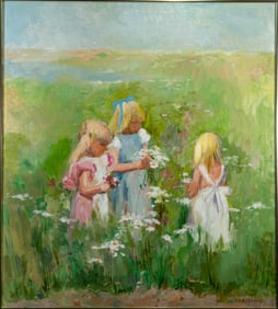 Eleanore Ingersol Maurice (American, 1901-1995) Oil on Canvas, Girls Picking Flowers