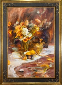 Laura Robb (American, b. 1955) Oil on Canvas, Still Life with Flowers and Fruit