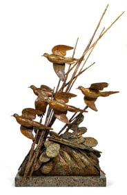 Walter Matia (American b, 1953) Bronze "Dry Wind" Mourning Doves & Cactus