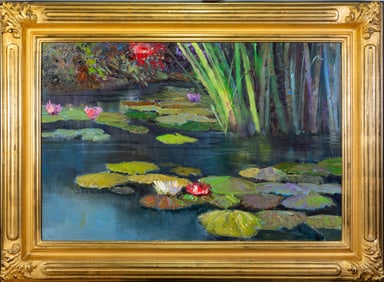 Kent R. Wallis (American, b. 1945) Oil on Canvas, Pond Scape with Lilypads