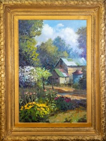 Kent R. Wallis (American, b. 1945) Oil on Canvas, Landscape with Flowers, Trees and Barn
