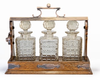 Antique English Oak Tantalus with Silver Plated Handle and 3 Decanters