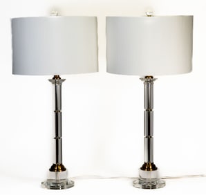Pair of Currey Lucite & Brass Candlestick-form Table Lamps