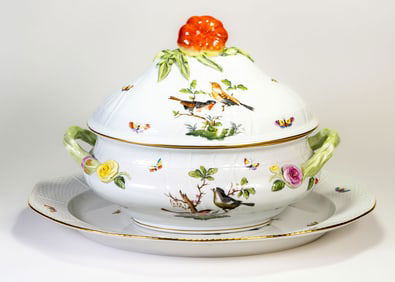 Large Herend Rothschild Bird Tureen and Under Plate