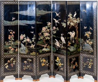 Chinese Six-Panel Lacquer and Inlaid Coromandel Screen