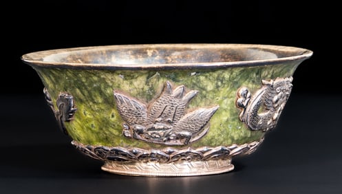 Tibetan Spinach Jade & Fancy Silver Mounted Bowl