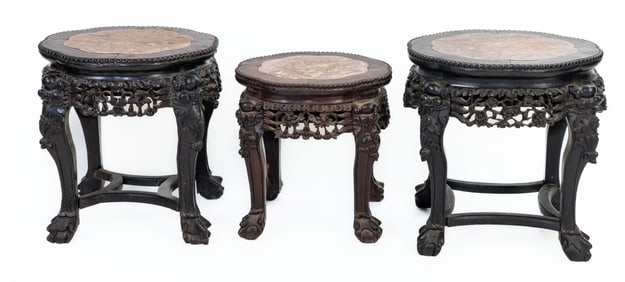 Three (3) Antique Chinese hardwood Marble Inset Stands