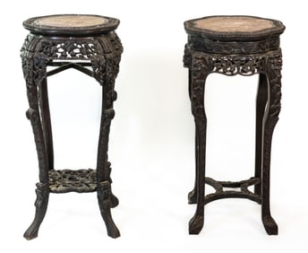 Two (2) Tall Antique Chinese Carved Wood Marble Inset Stands