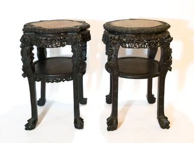 Two (2) Antique Chinese Carved Wood Stands With Marble Inset Tops