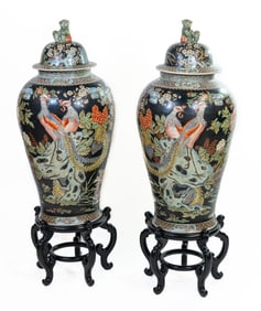 Pair Chinese Famille Noir Palace Urns