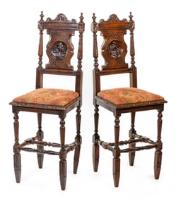 Pair Vintage French Carved Walnut Bar Stools