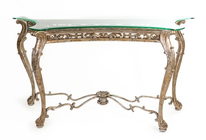 French Style Silvered Resin Console with Glass top
