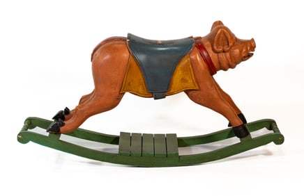 Carved Wood Painted Folk Art Childs Rocking Pig