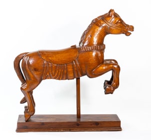 Vintage Unpainted Wood Carousel Horse on Base