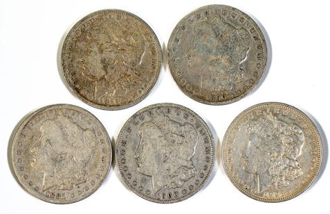 Five (5) Morgan Silver Dollars: Five (5) Morgan Silver Dollars: 1879, 1881, 1890 O, 1900 O, 1921. All circulated.