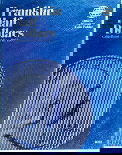 Blue Book of Thirty-Five (35) Franklin Half Dollars: One (1) blue book of thirty-five (35) Franklin silver half dollars. All dates in correct position except the 1952 D has a 1952 coin in it. $17.50 Face Value.