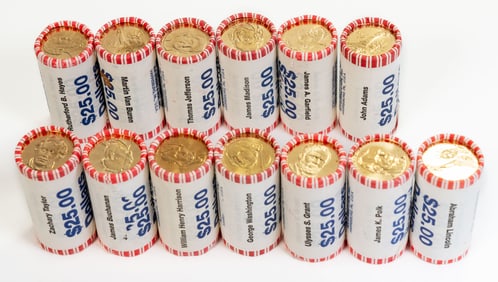 Thirteen (13) $25 Bank Rolls Presidential Dollars