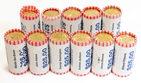 Eleven (11) $25 Bank Rolls Presidential Dollars
