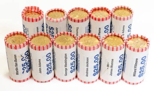Eleven (11) $25 Bank Rolls Presidential Dollars: Eleven (11) $25 bank rolled Presidential Dollars George Washington, John Adams, Thomas Jefferson, James Monroe, John Quincy Adams, Andrew Jackson, Martin Van Buren, Millard Fillmore, Franklin