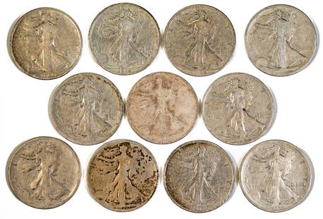 Eleven (11) Walking Liberty Half Dollars 1916-1928: Eleven (11) Walking Liberty Half Dollars: 1916, 1917, 1917 S, 1918 S, 1918 D, 1919 S, 1930, 1920 S, 1923 S, 1927 S, 1928 S. All in well circulated condition.