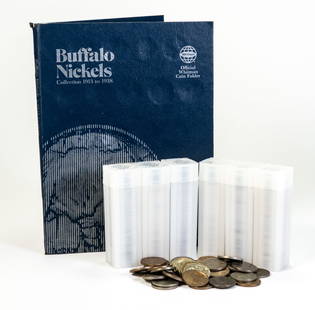 Three Hundred Fourteen (314) Buffalo Nickels: Three Hundred Fourteen (314) Buffalo Nickels. Nickles in blue book are correct dates. Thirty-nine (39) loose are dated 1930's. Two hundred forty (240) in plastic sleeves are no date.