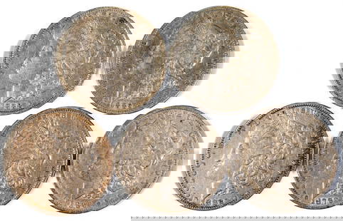 Five (5) Morgan Silver Dollars: Five (5) Morgan Silver Dollars: 1879, 1882, 1885 O, 1886 O, 1888 O.