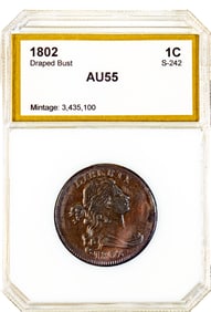 1802 Draped Bust 1Cent Graded AU55