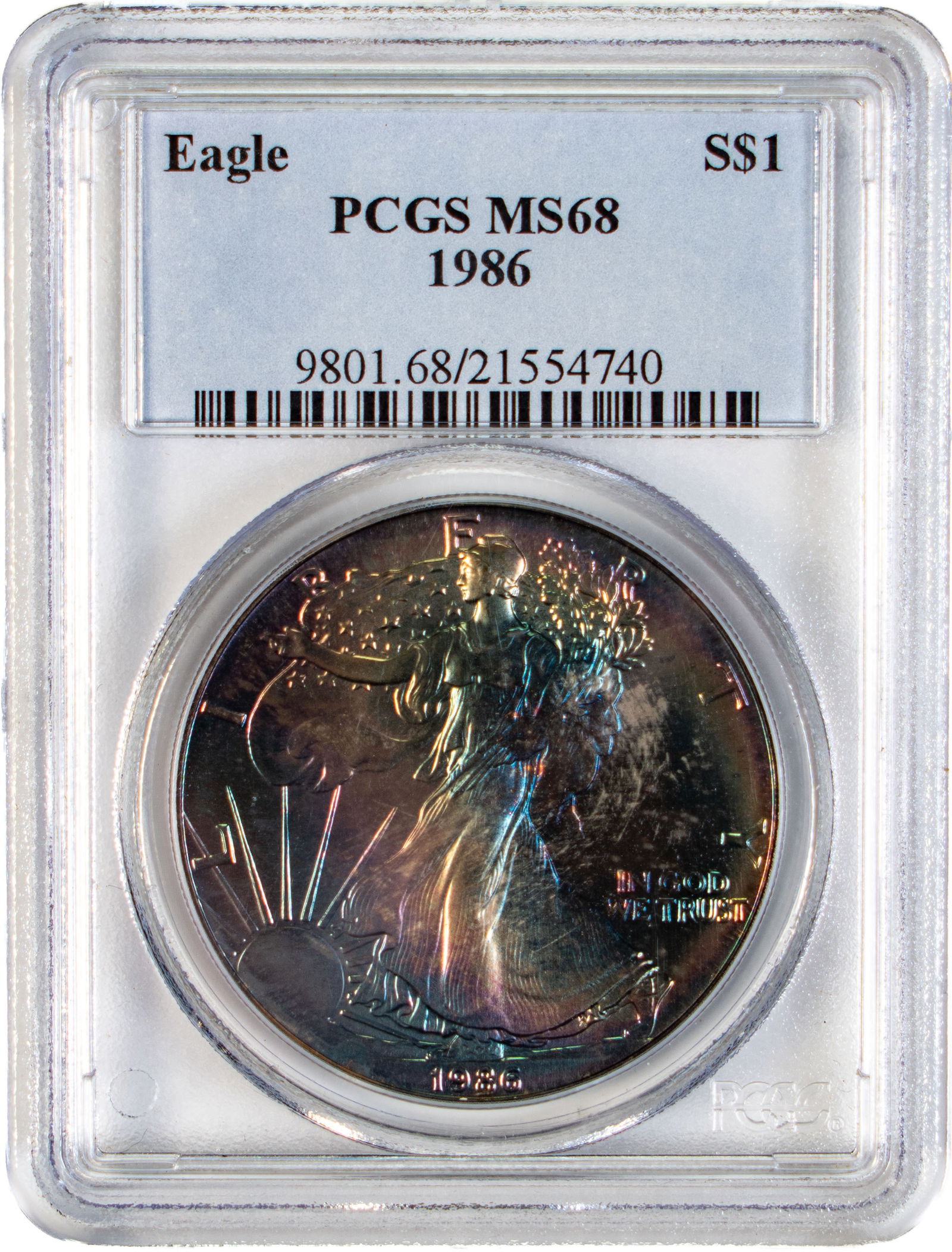 1986 $1 Silver Eagle PCGS MS68 Toned (1 of 2)