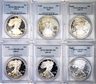 Six (6) PCGS Graded Silver Eagles PR69DCAM