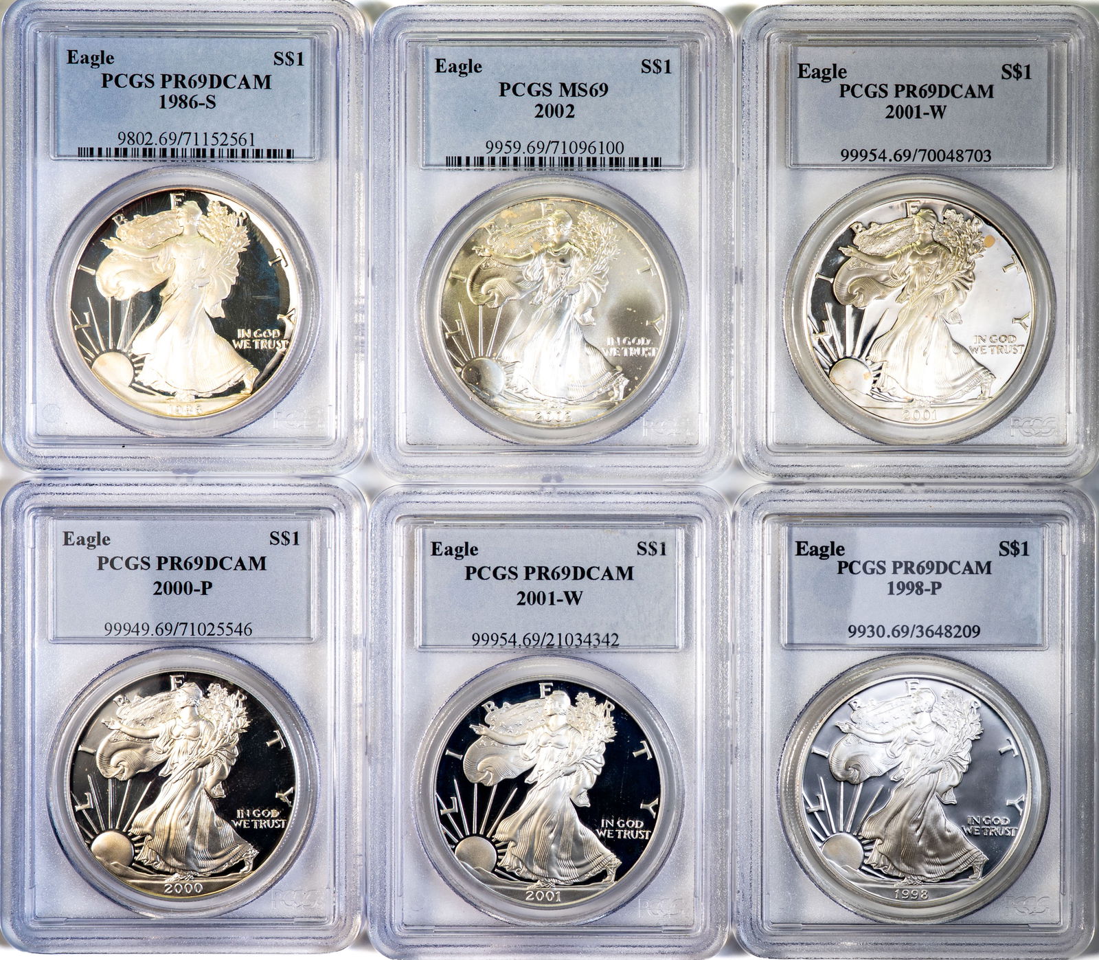 Six (6) PCGS Graded Silver Eagles PR69DCAM (1 of 2)