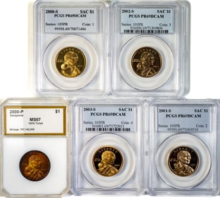 Five (5) Graded $1 Sacagawea PR69DCAM