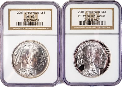 Two (2) 2001 BUFFALO $1 NGC Graded MS69 PF69