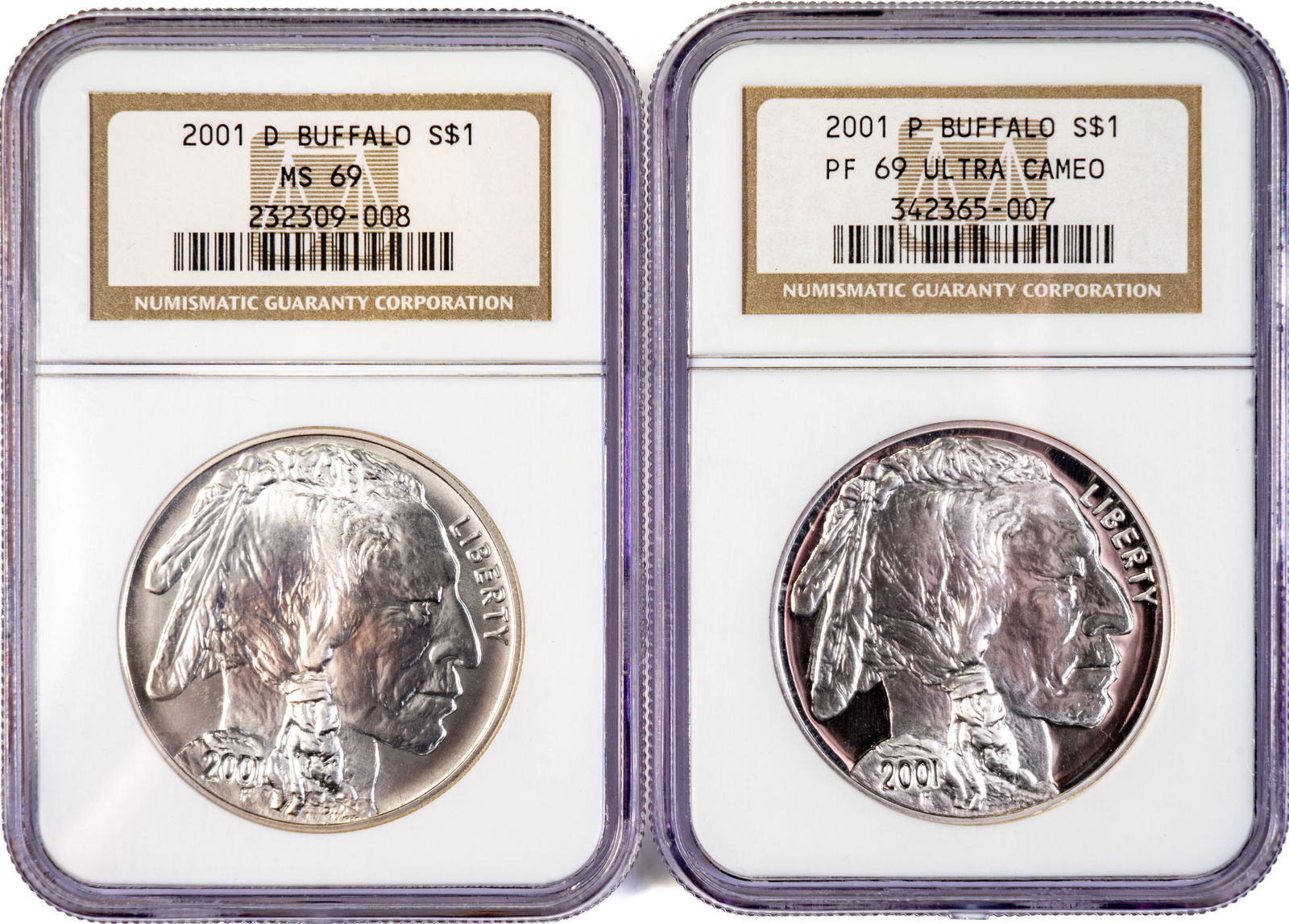 Two (2) 2001 BUFFALO $1 NGC Graded MS69 PF69 (1 of 2)
