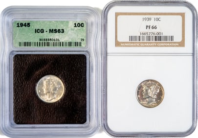 Two (2) Graded Mercury Dimes 1939 and 1945
