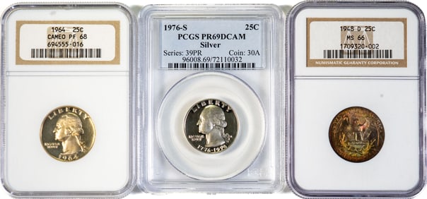 Three (3) Graded Washington Quarters 1948 1964 1976 S Silver