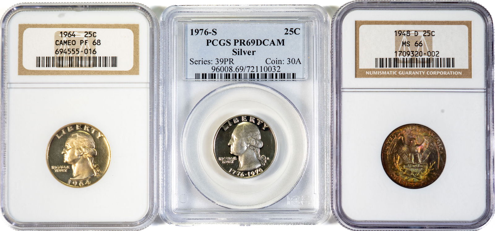 Three (3) Graded Washington Quarters 1948 1964 1976 S Silver (1 of 2)