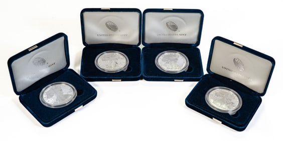 Four (4) US Mint Silver Eagles box & COA 2015-2018