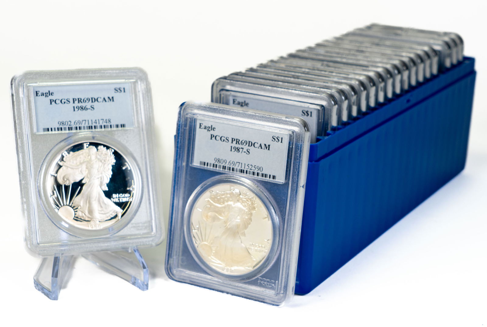 Eighteen (18) US Silver Eagles 1986-2003 all PCGS PR69 DCAM (1 of 3)