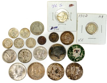 Lot US Silver Coins Dimes, Quarters, Half Dollars