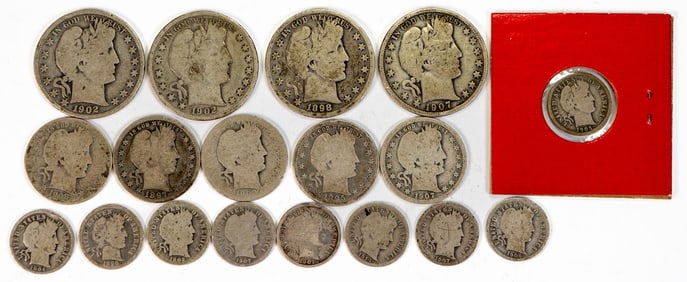 Mixed Lot US Barber Silver Coins Dimes, Quarters Half Dollars