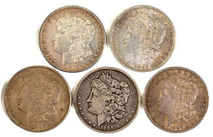 Five (5) Morgan Silver Dollars mixed dates