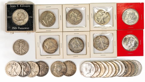 Twenty-Nine (29) US Silver Half Dollars Kennedy, Franklin, Walking Liberty