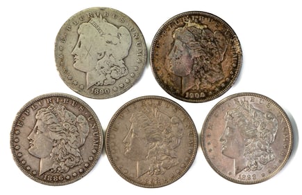 Five (5) Morgan Silver Dollars Mixed Dates