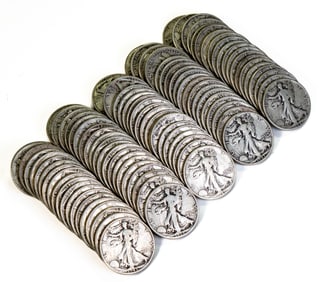 One Hundred (100) Walking Liberty Half Dollars $50 Face Value